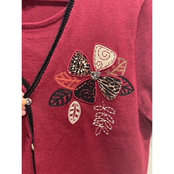Vintage Koret Sweater Set Burgandy Floral Stitching Womens Size M - Picture 7 of 10